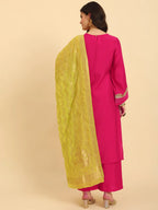 Yufta Pink Silk Flared Sleeves Kurta With Palazzo Banarasi Dupatta Set | Grocsy