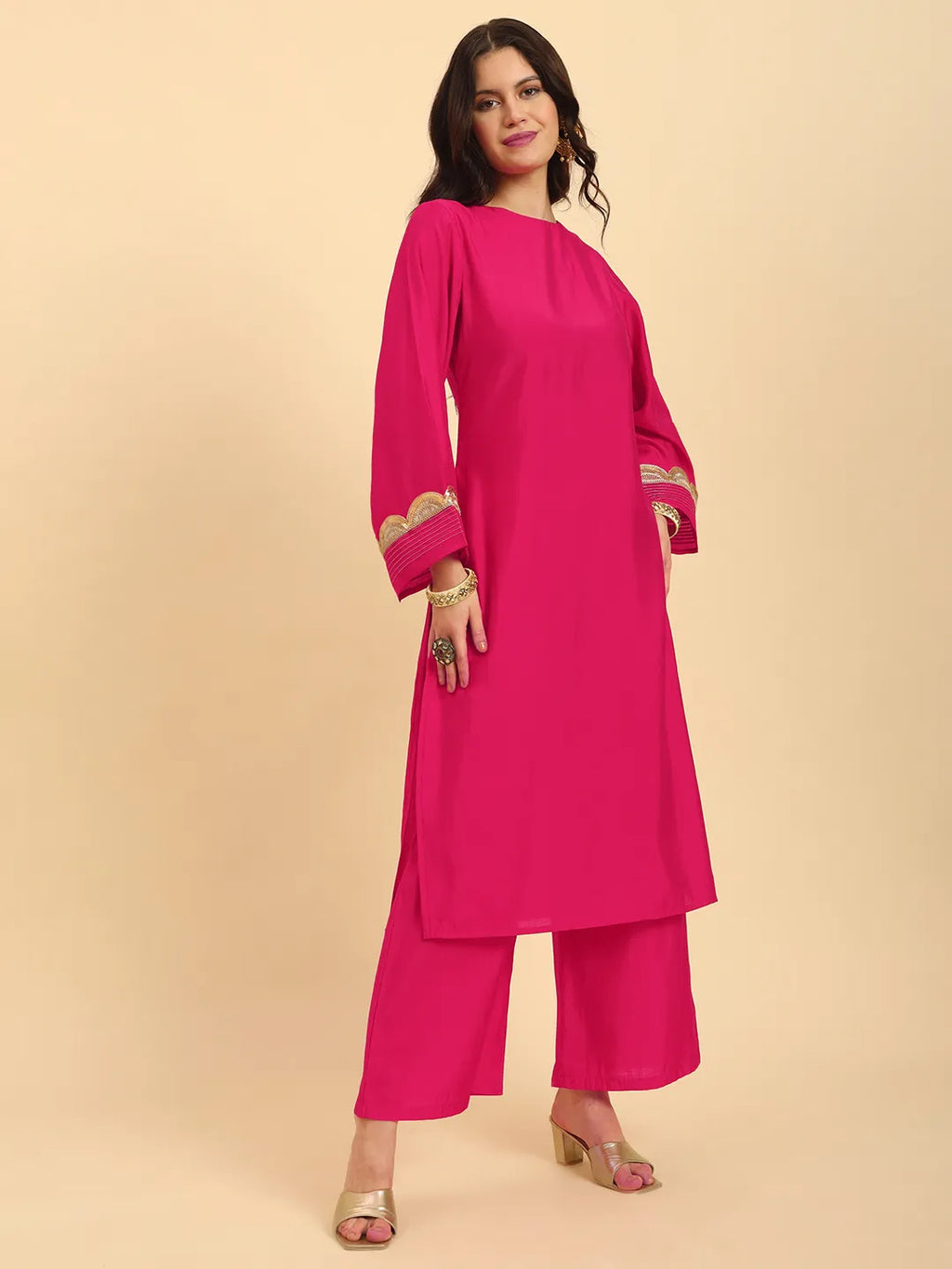 Yufta Pink Silk Flared Sleeves Kurta With Palazzo Banarasi Dupatta Set | Grocsy