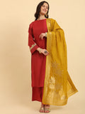 Yufta Rust Silk Flared Sleeves Kurta With Palazzo Banarasi Dupatta Set | Grocsy