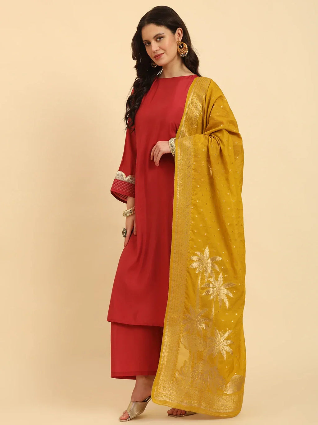 Yufta Rust Silk Flared Sleeves Kurta With Palazzo Banarasi Dupatta Set | Grocsy