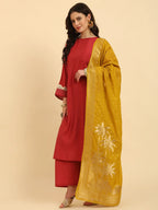 Yufta Rust Silk Flared Sleeves Kurta With Palazzo Banarasi Dupatta Set | Grocsy
