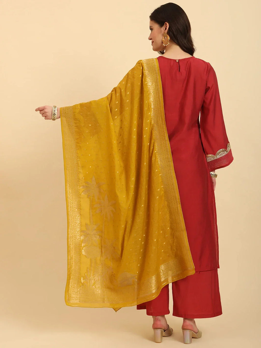 Yufta Rust Silk Flared Sleeves Kurta With Palazzo Banarasi Dupatta Set | Grocsy