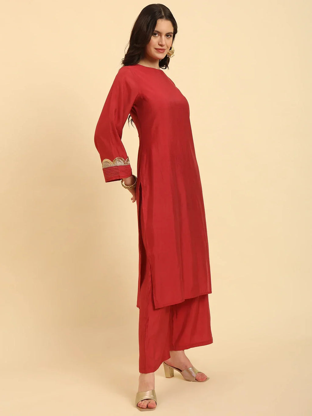 Yufta Rust Silk Flared Sleeves Kurta With Palazzo Banarasi Dupatta Set | Grocsy
