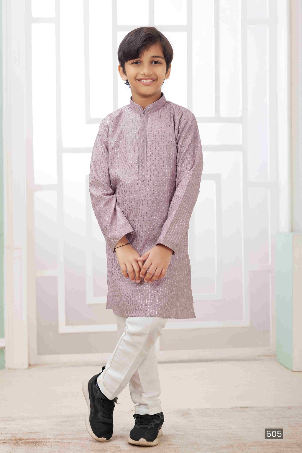 Raivat Ethnic Art Silk Embroidery Work Kids Kurta Pajama In Lilac Colour | Grocsy