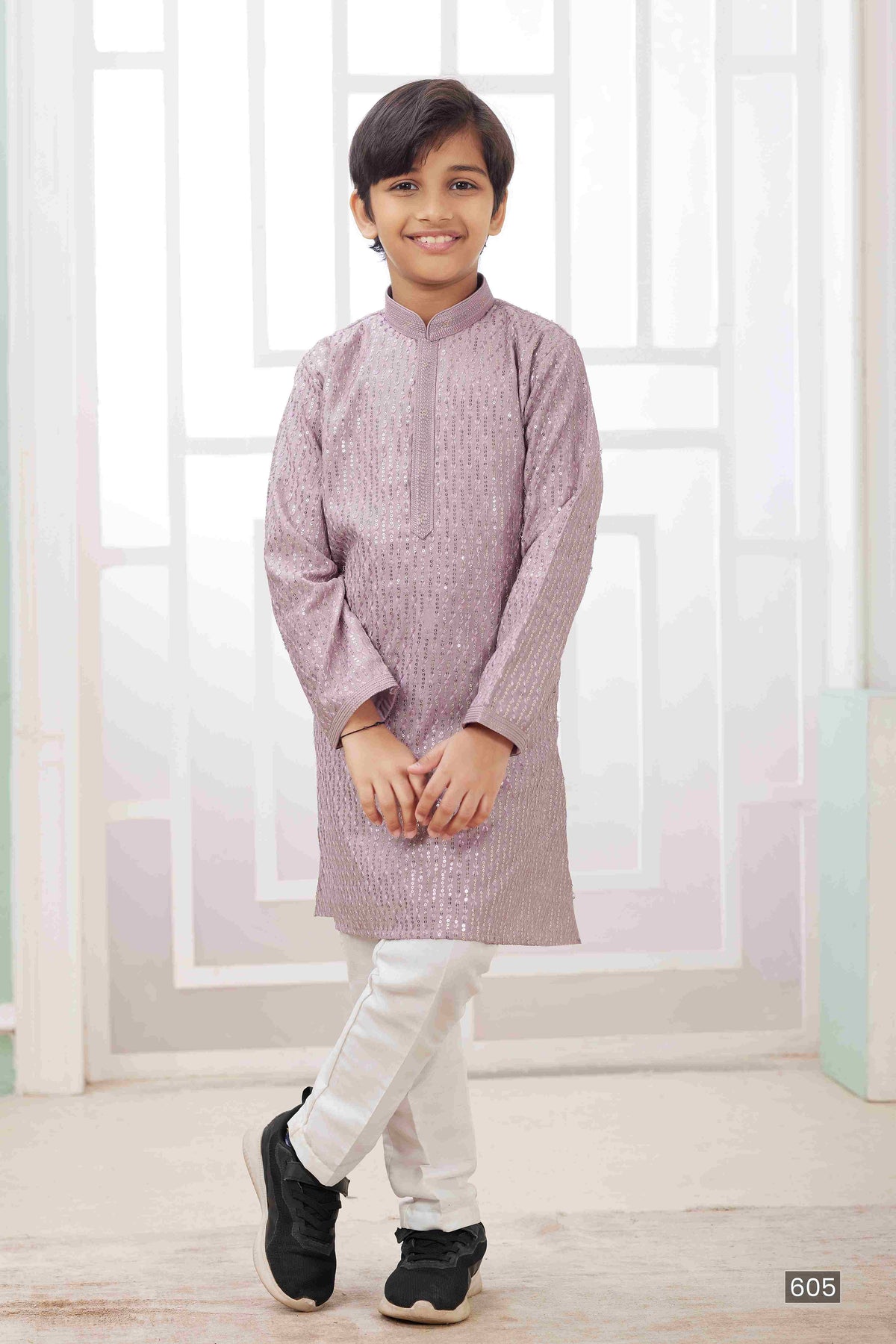 Raivat Ethnic Art Silk Embroidery Work Kids Kurta Pajama In Lilac Colour | Grocsy