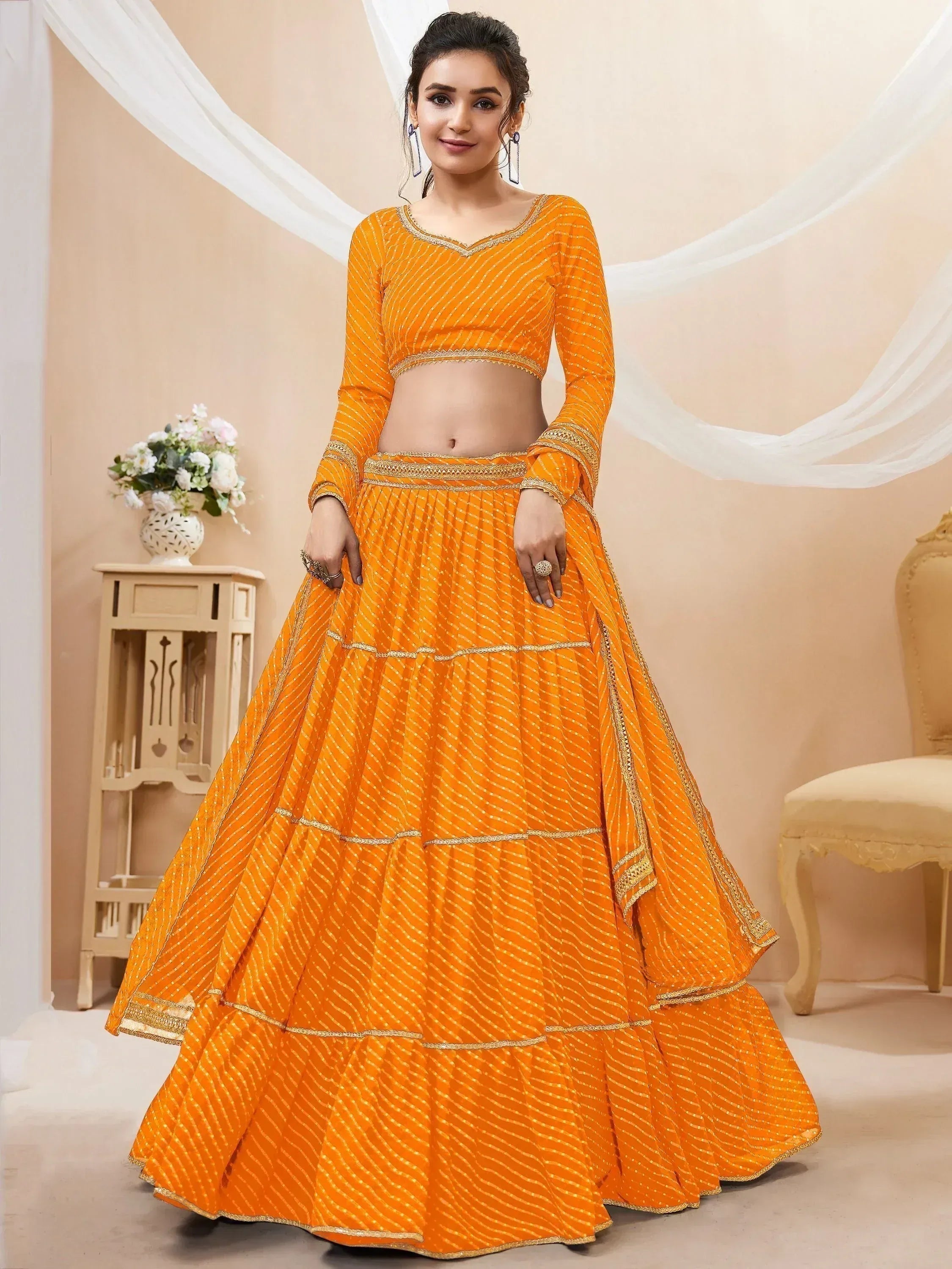 Tulsi Art Stunning Yellow Leheriya Printed Georgette Haldi Wear Lehenga Choli | Grocsy