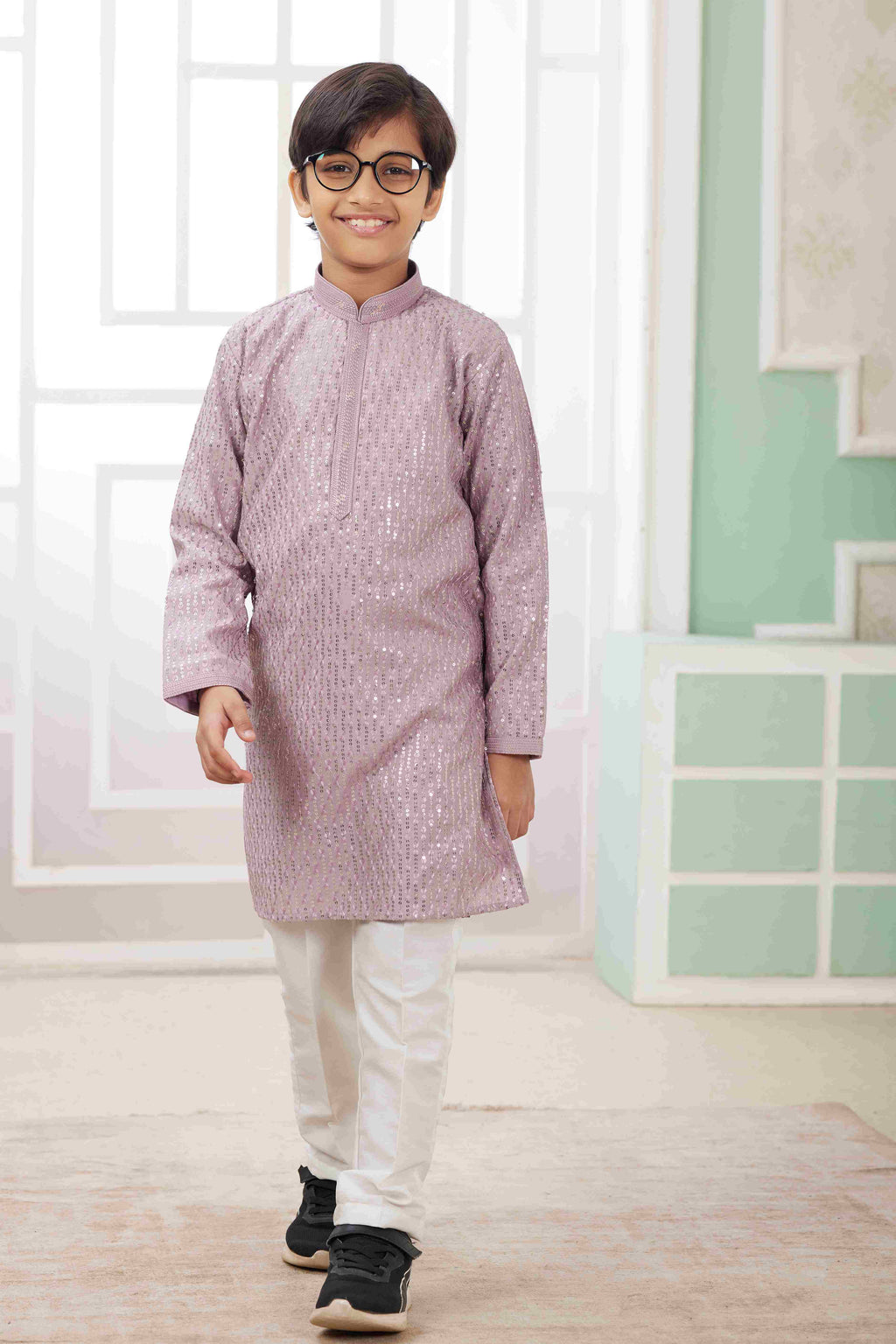 Raivat Ethnic Art Silk Embroidery Work Kids Kurta Pajama In Lilac Colour | Grocsy