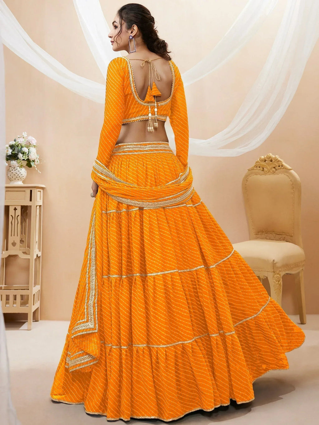 Tulsi Art Stunning Yellow Leheriya Printed Georgette Haldi Wear Lehenga Choli | Grocsy