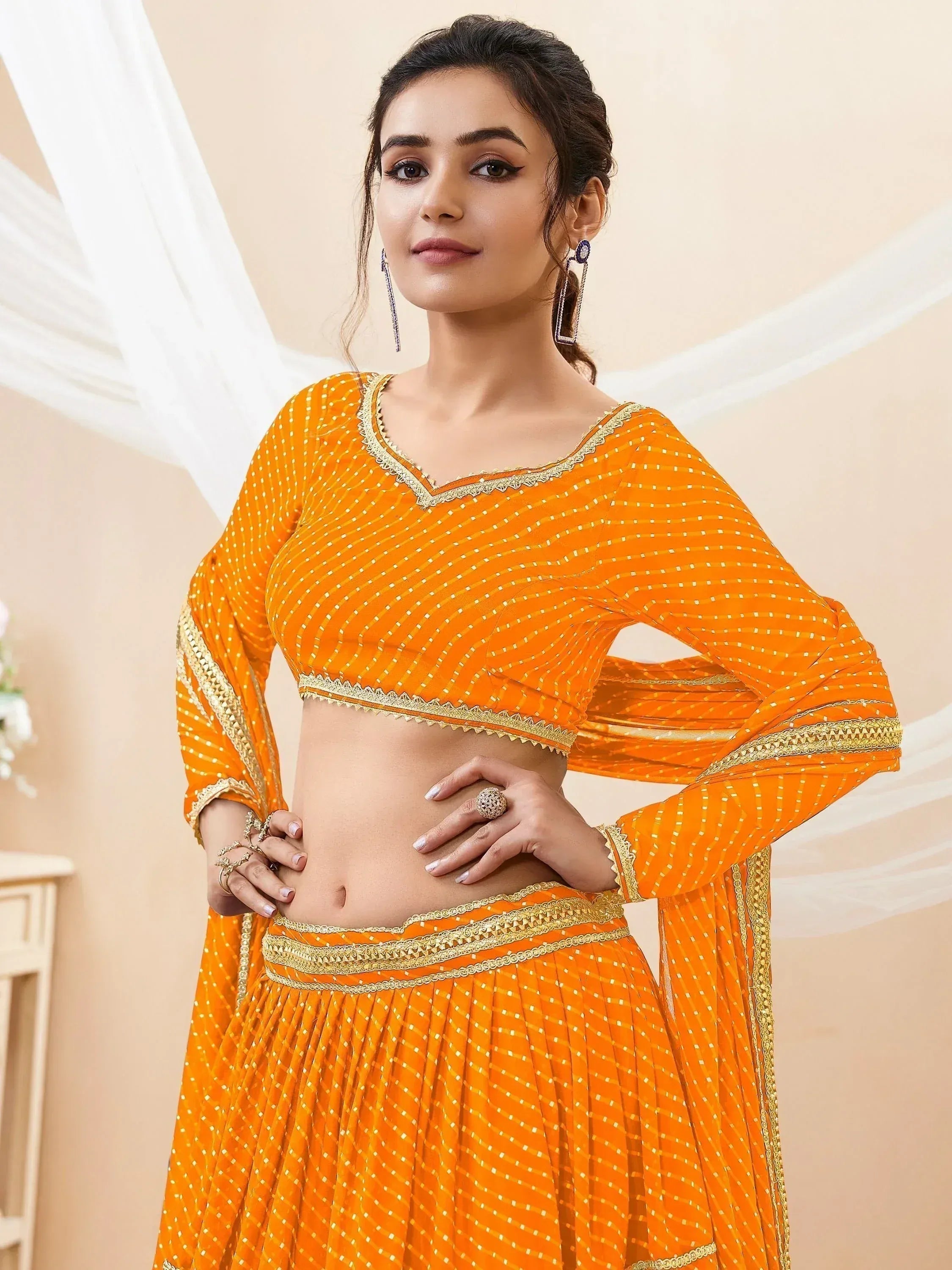 Tulsi Art Stunning Yellow Leheriya Printed Georgette Haldi Wear Lehenga Choli | Grocsy