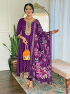 The52 Beautiful Embroidery Work with Vichitra Silk Fabric Flared Kurta, Pant and Dupatta Set | Grocsy