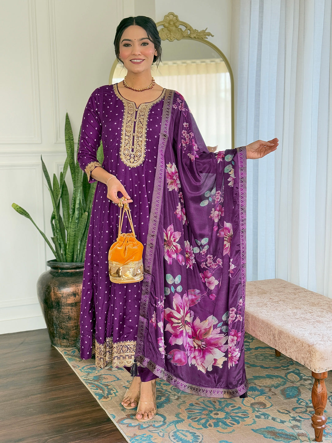 The52 Beautiful Embroidery Work with Vichitra Silk Fabric Flared Kurta, Pant and Dupatta Set | Grocsy