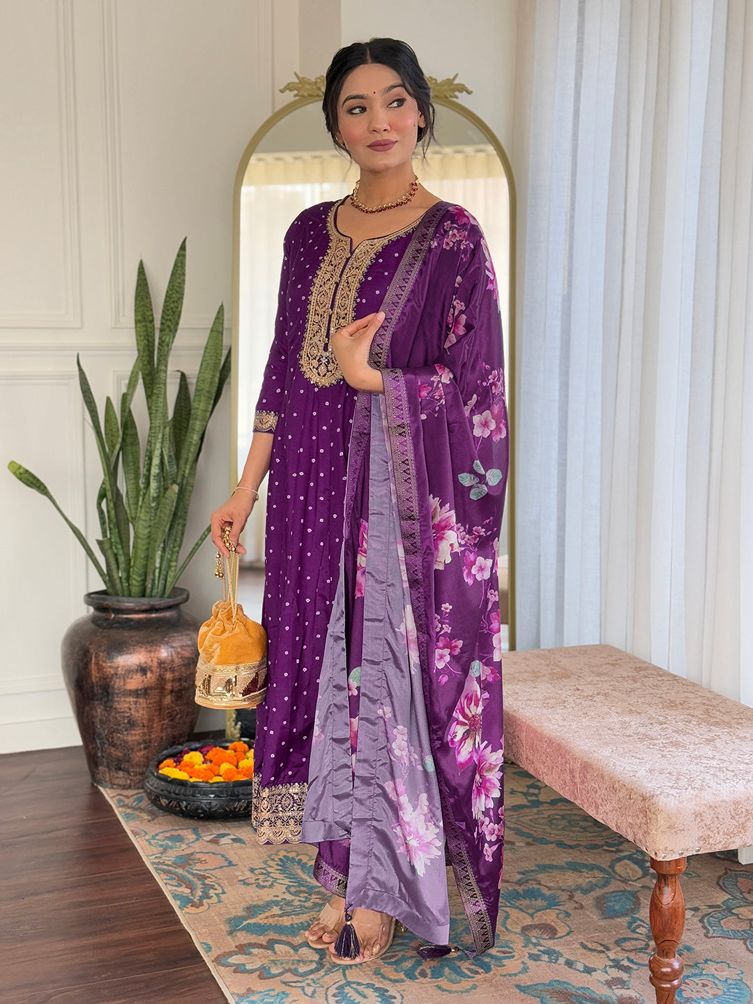 The52 Beautiful Embroidery Work with Vichitra Silk Fabric Flared Kurta, Pant and Dupatta Set | Grocsy