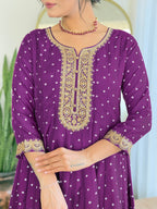 The52 Beautiful Embroidery Work with Vichitra Silk Fabric Flared Kurta, Pant and Dupatta Set | Grocsy