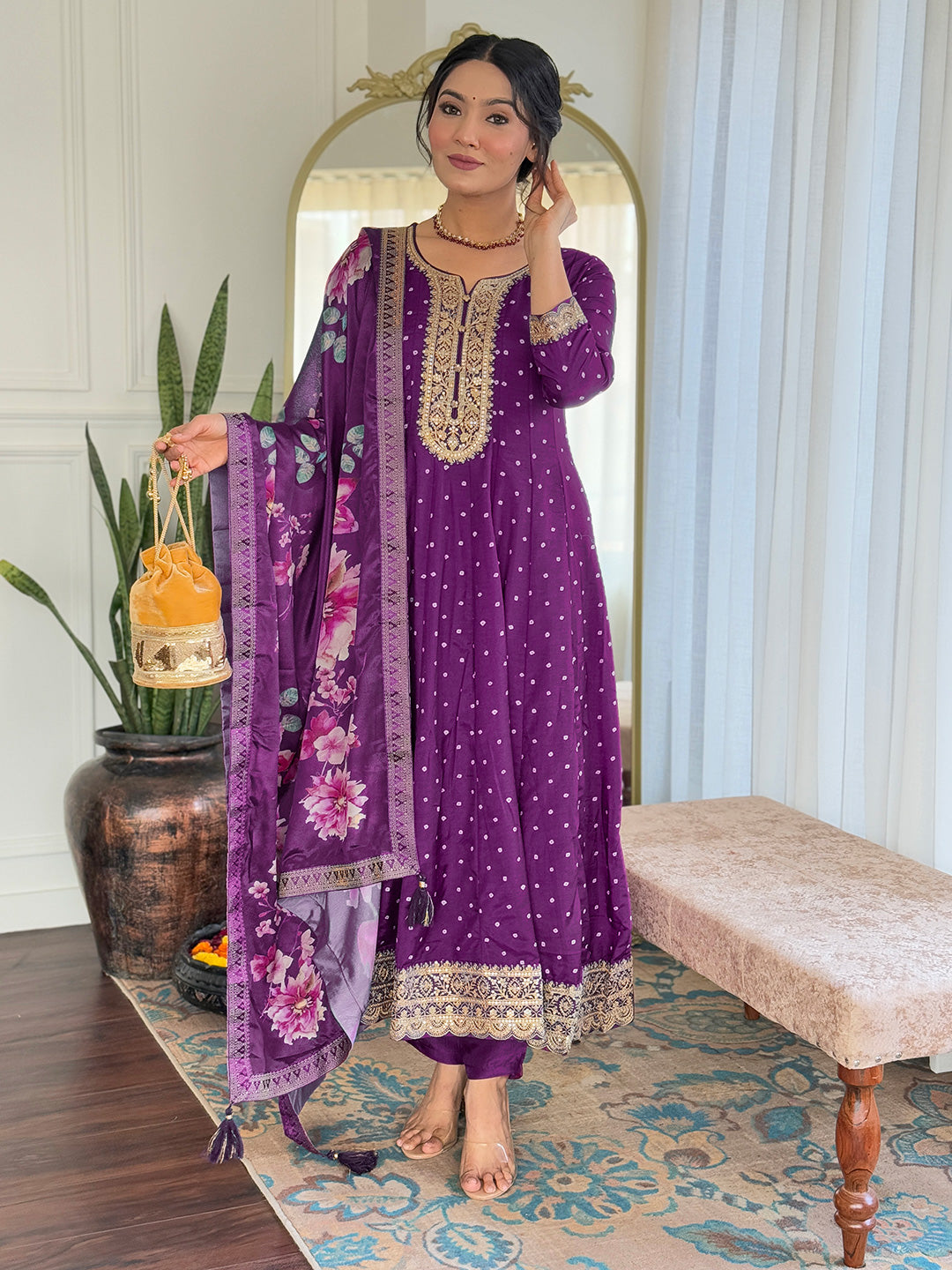 The52 Beautiful Embroidery Work with Vichitra Silk Fabric Flared Kurta, Pant and Dupatta Set | Grocsy