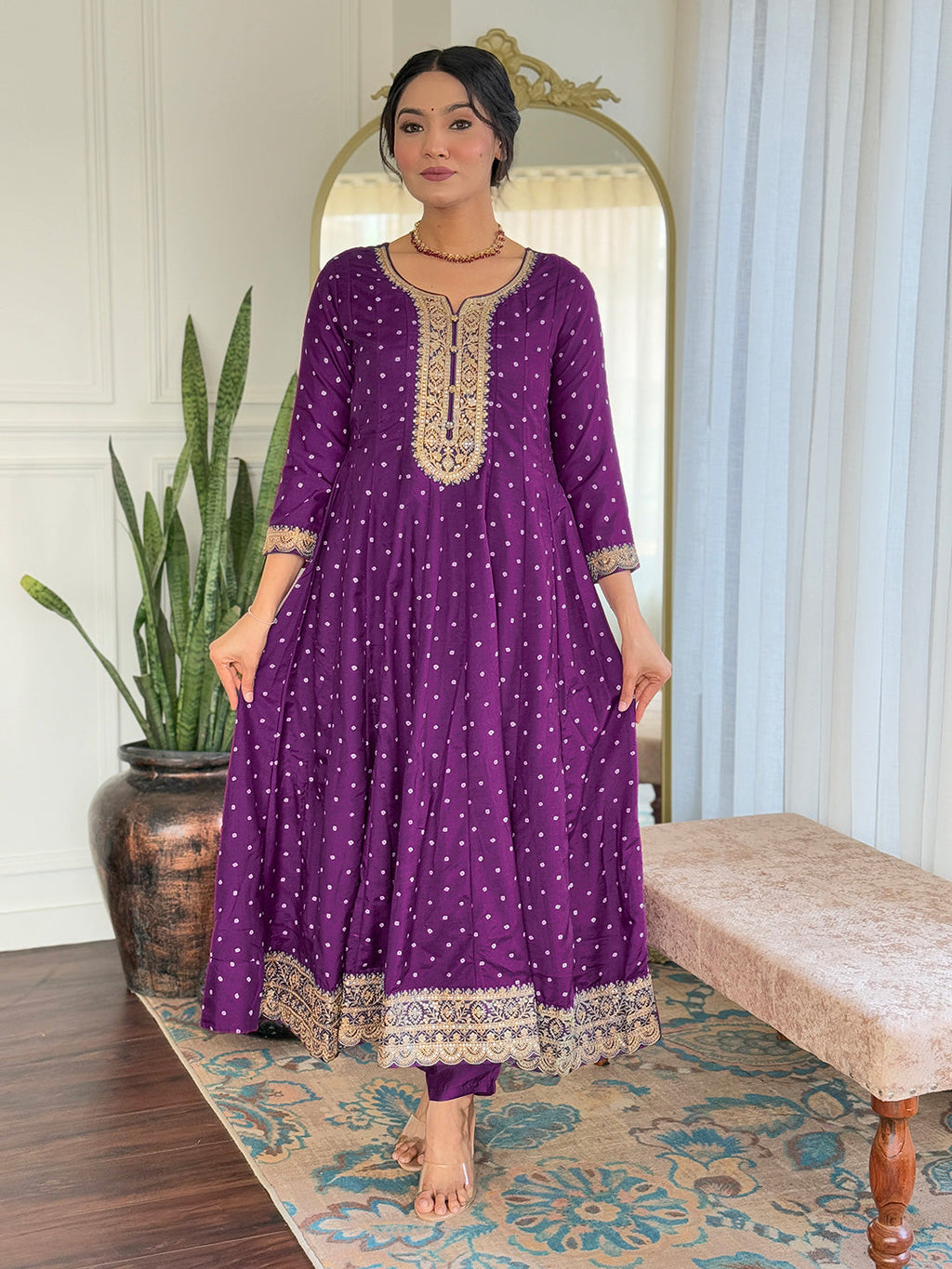 The52 Beautiful Embroidery Work with Vichitra Silk Fabric Flared Kurta, Pant and Dupatta Set | Grocsy