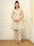 Yufta Mustard And Off White Ethnic Motifs Cotton Top And Trouser Co-Ord Set | Grocsy