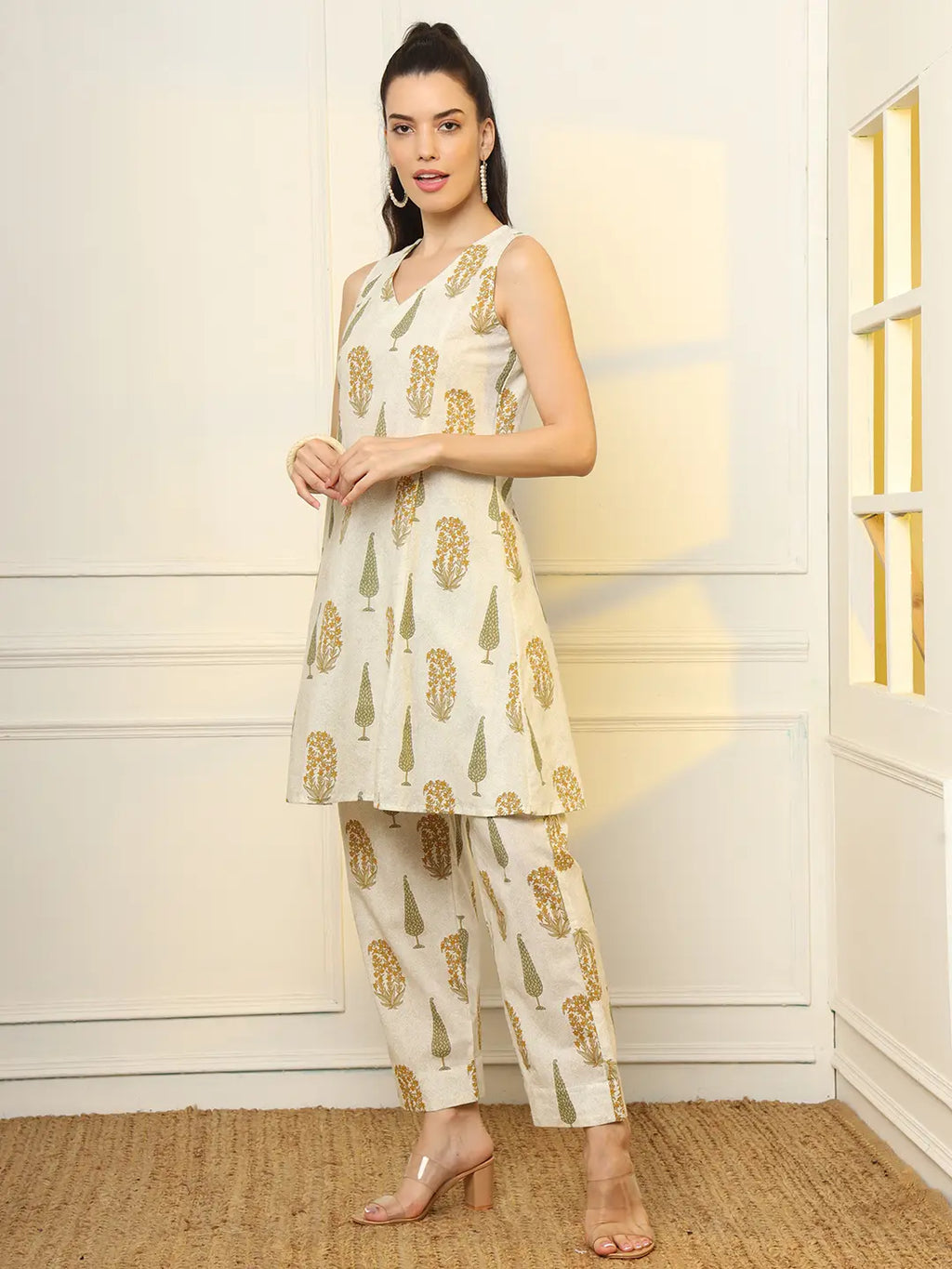 Yufta Mustard And Off White Ethnic Motifs Cotton Top And Trouser Co-Ord Set | Grocsy