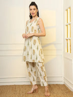 Yufta Mustard And Off White Ethnic Motifs Cotton Top And Trouser Co-Ord Set | Grocsy