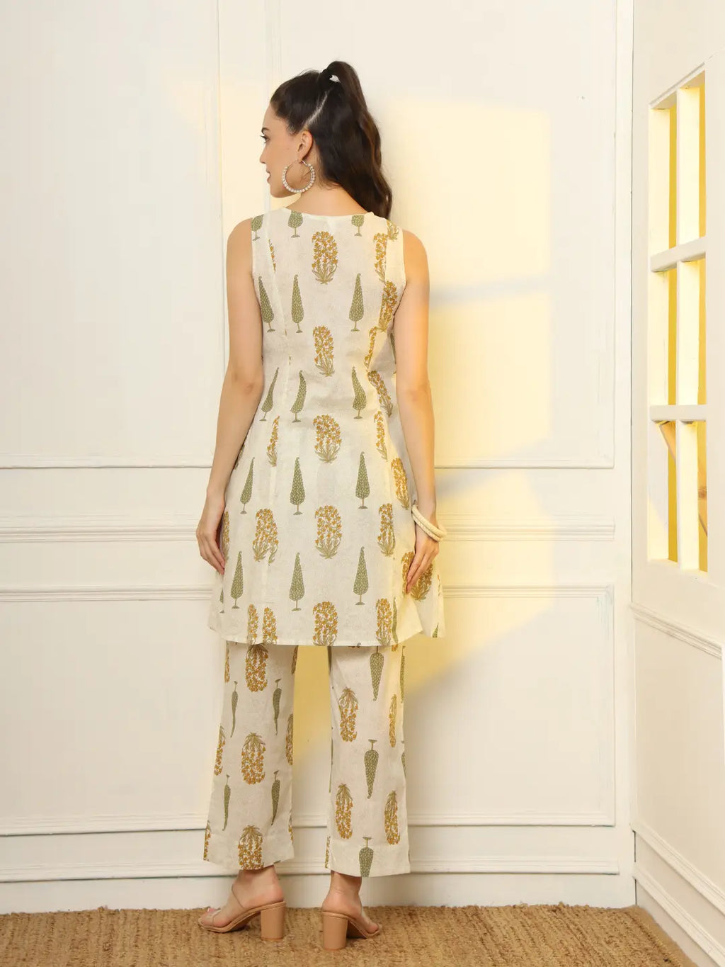 Yufta Mustard And Off White Ethnic Motifs Cotton Top And Trouser Co-Ord Set | Grocsy