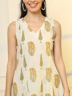 Yufta Mustard And Off White Ethnic Motifs Cotton Top And Trouser Co-Ord Set | Grocsy