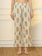 Yufta Mustard And Off White Ethnic Motifs Cotton Top And Trouser Co-Ord Set | Grocsy
