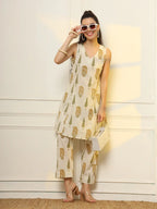 Yufta Mustard And Off White Ethnic Motifs Cotton Top And Trouser Co-Ord Set | Grocsy