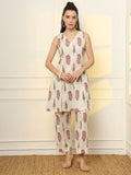 Yufta Pink And Off White Ethnic Motifs Cotton Top And Trouser Co-Ord Set | Grocsy
