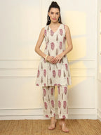 Yufta Pink And Off White Ethnic Motifs Cotton Top And Trouser Co-Ord Set | Grocsy