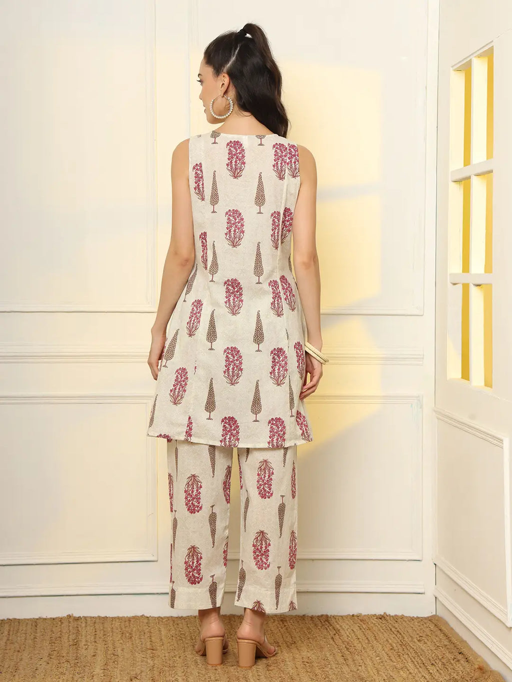 Yufta Pink And Off White Ethnic Motifs Cotton Top And Trouser Co-Ord Set | Grocsy