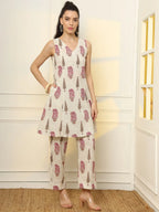 Yufta Pink And Off White Ethnic Motifs Cotton Top And Trouser Co-Ord Set | Grocsy