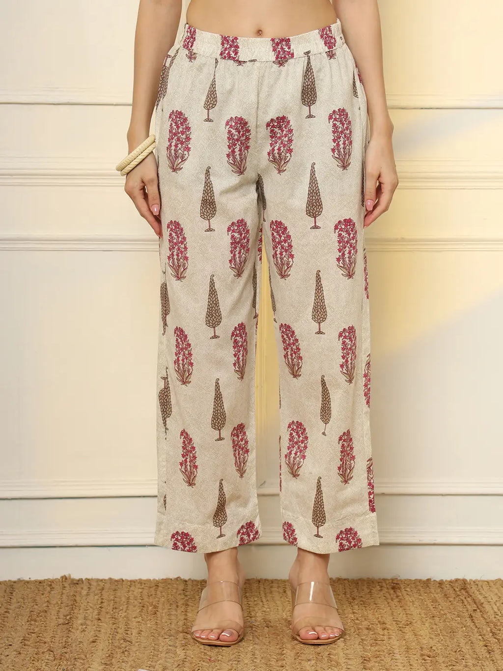 Yufta Pink And Off White Ethnic Motifs Cotton Top And Trouser Co-Ord Set | Grocsy