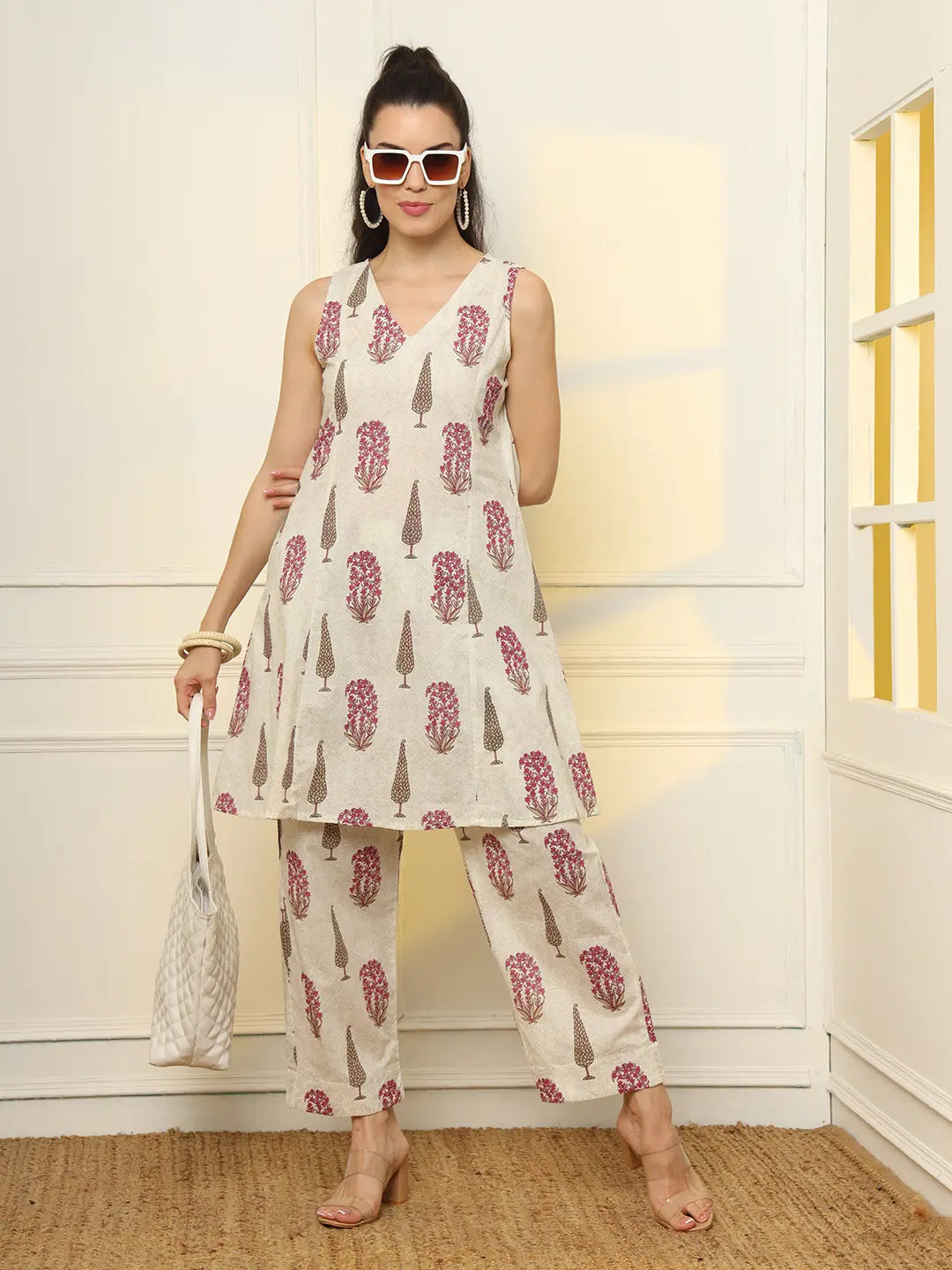 Yufta Pink And Off White Ethnic Motifs Cotton Top And Trouser Co-Ord Set | Grocsy