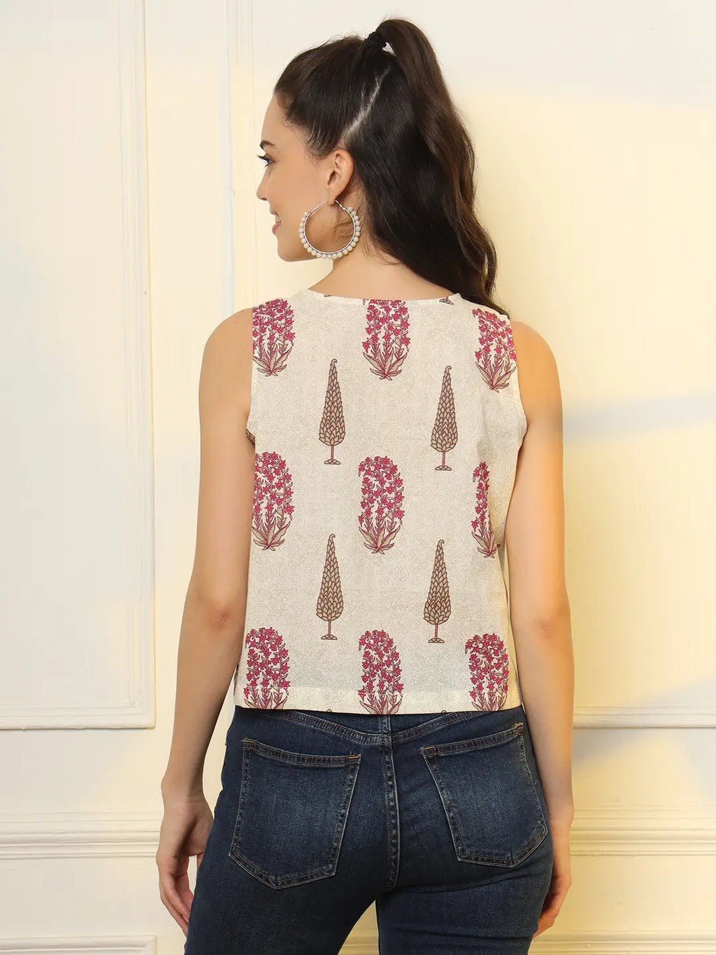 Yufta White And Pink Cotton Sleeve Less Wrap Top | Grocsy