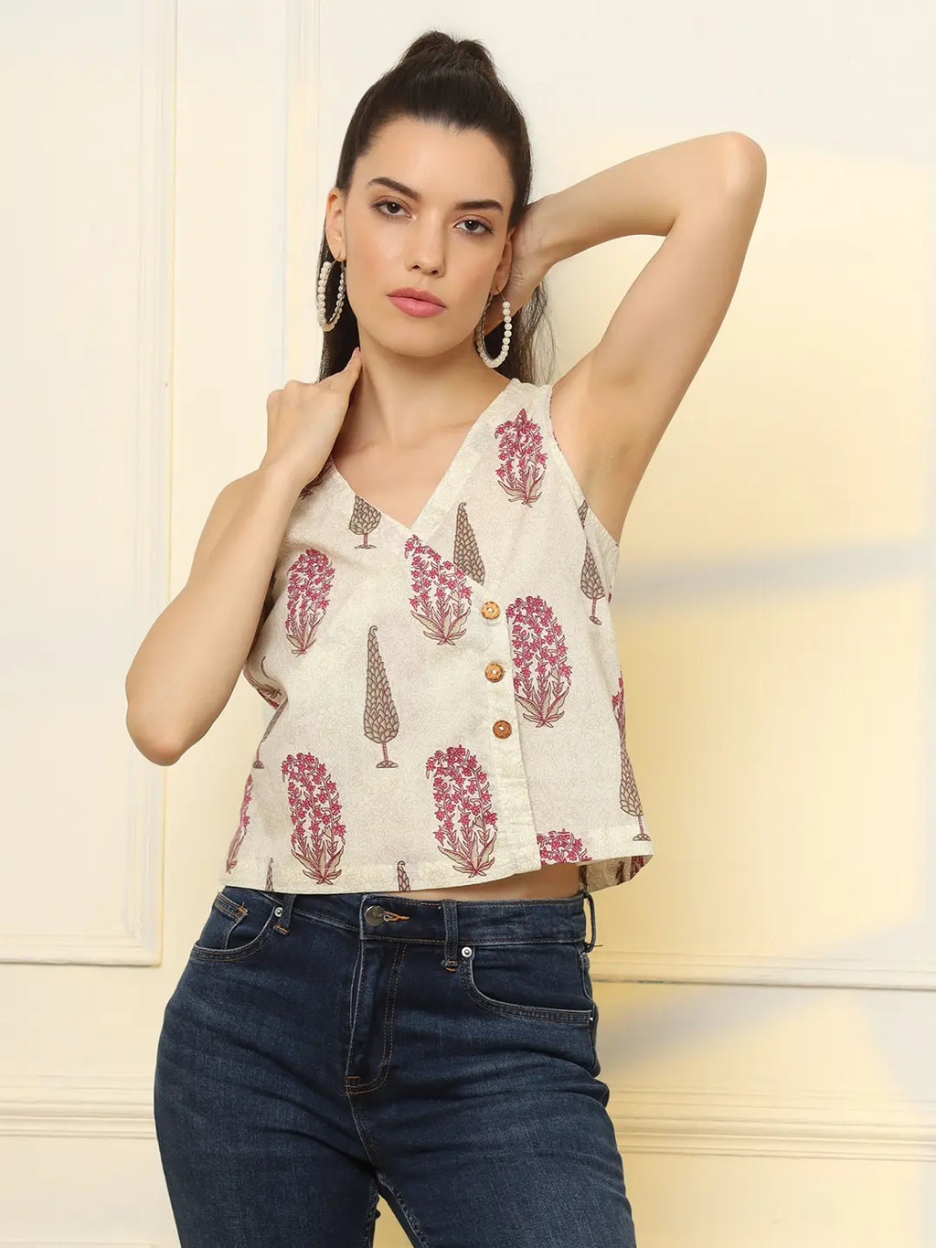 Yufta White And Pink Cotton Sleeve Less Wrap Top | Grocsy