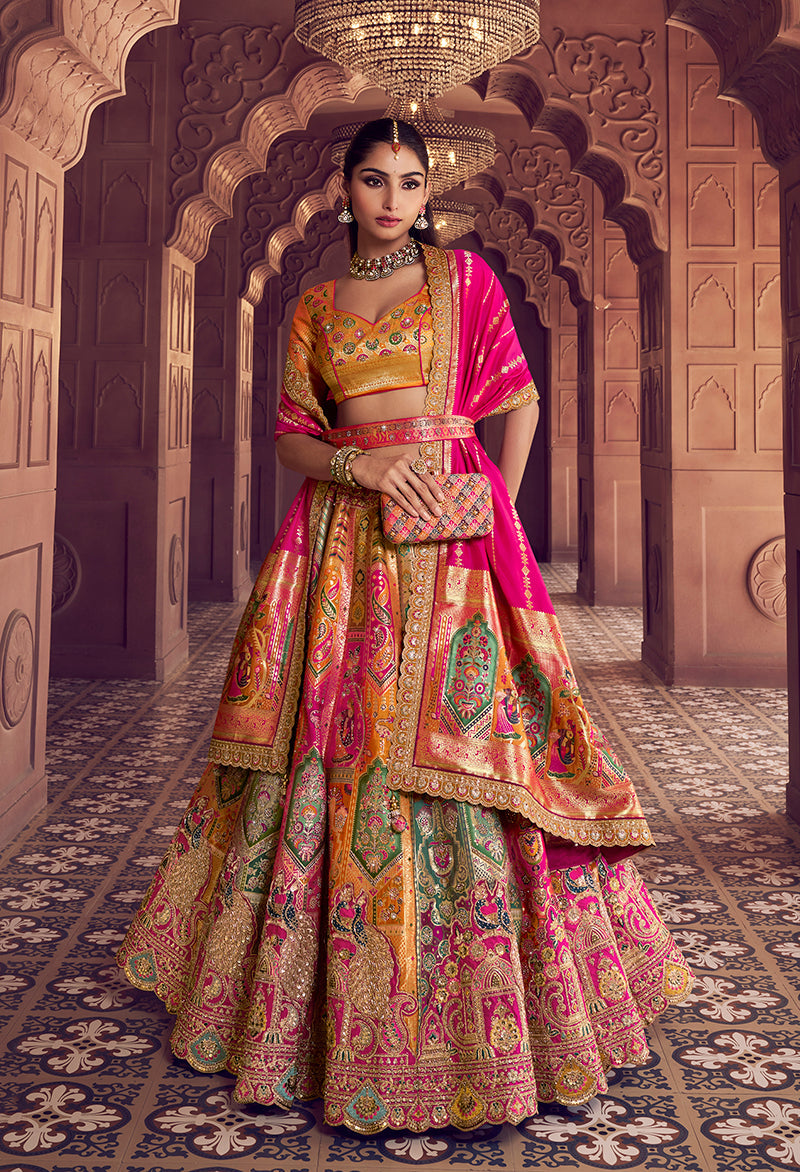 Monjolika Fashion Multi Colour Banarasi Silk Blend Embroidered, Sequins, Swarovski and Weaving Work Lehenga Choli | Grocsy