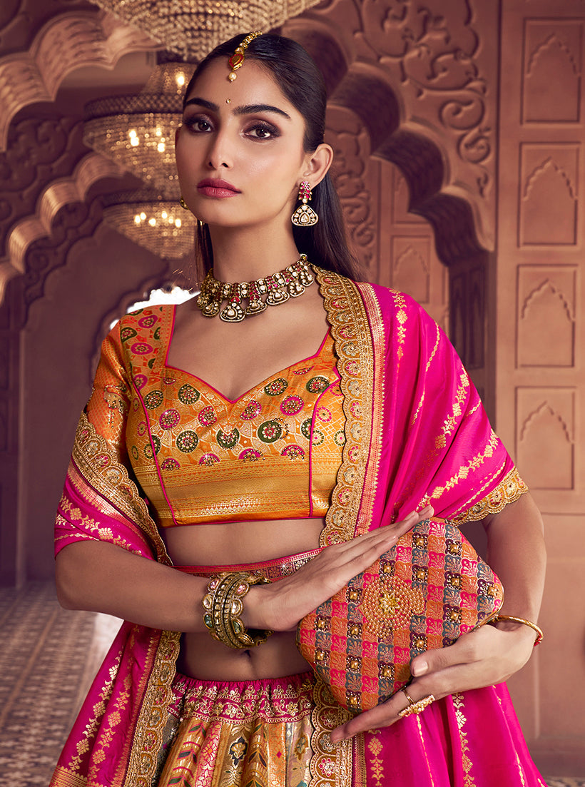 Monjolika Fashion Multi Colour Banarasi Silk Blend Embroidered, Sequins, Swarovski and Weaving Work Lehenga Choli | Grocsy