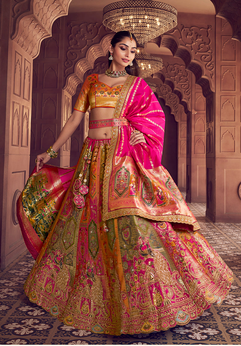 Monjolika Fashion Multi Colour Banarasi Silk Blend Embroidered, Sequins, Swarovski and Weaving Work Lehenga Choli | Grocsy