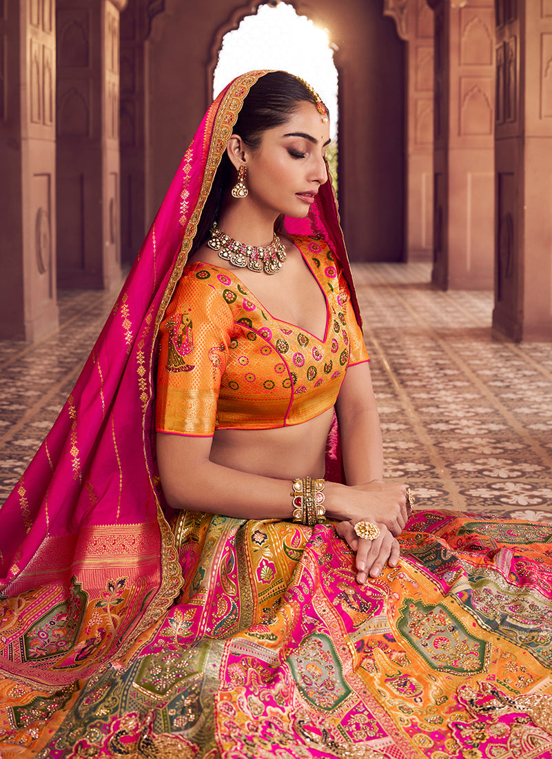 Monjolika Fashion Multi Colour Banarasi Silk Blend Embroidered, Sequins, Swarovski and Weaving Work Lehenga Choli | Grocsy