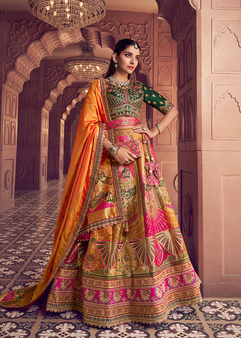 Monjolika Fashion Multi Colour Banarasi Silk Blend Embroidered, Sequins, Swarovski and Weaving Work Lehenga Choli | Grocsy