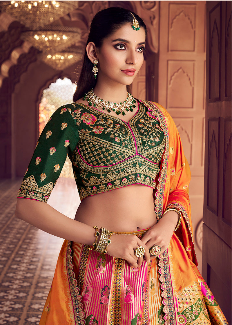Monjolika Fashion Multi Colour Banarasi Silk Blend Embroidered, Sequins, Swarovski and Weaving Work Lehenga Choli | Grocsy