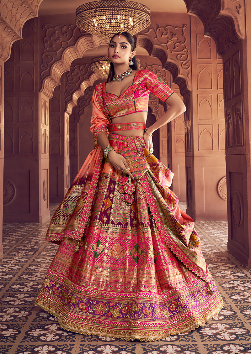 Monjolika Fashion Multi Colour Banarasi Silk Blend Embroidered, Sequins, Swarovski and Weaving Work Lehenga Choli | Grocsy