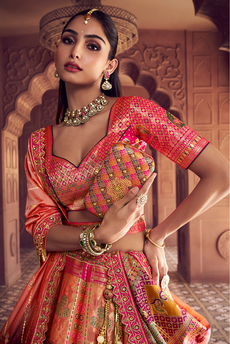 Monjolika Fashion Multi Colour Banarasi Silk Blend Embroidered, Sequins, Swarovski and Weaving Work Lehenga Choli | Grocsy