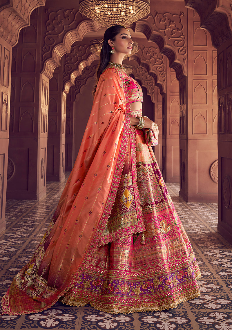 Monjolika Fashion Multi Colour Banarasi Silk Blend Embroidered, Sequins, Swarovski and Weaving Work Lehenga Choli | Grocsy