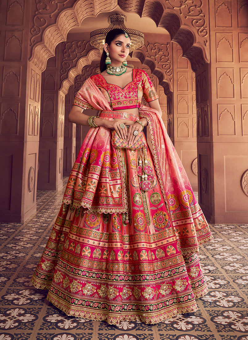 Monjolika Fashion Multi Colour Banarasi Silk Blend Embroidered, Sequins, Swarovski and Weaving Work Lehenga Choli | Grocsy