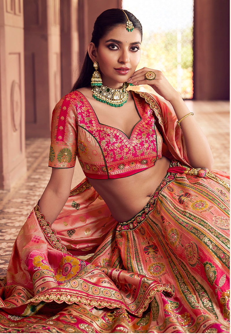 Monjolika Fashion Multi Colour Banarasi Silk Blend Embroidered, Sequins, Swarovski and Weaving Work Lehenga Choli | Grocsy