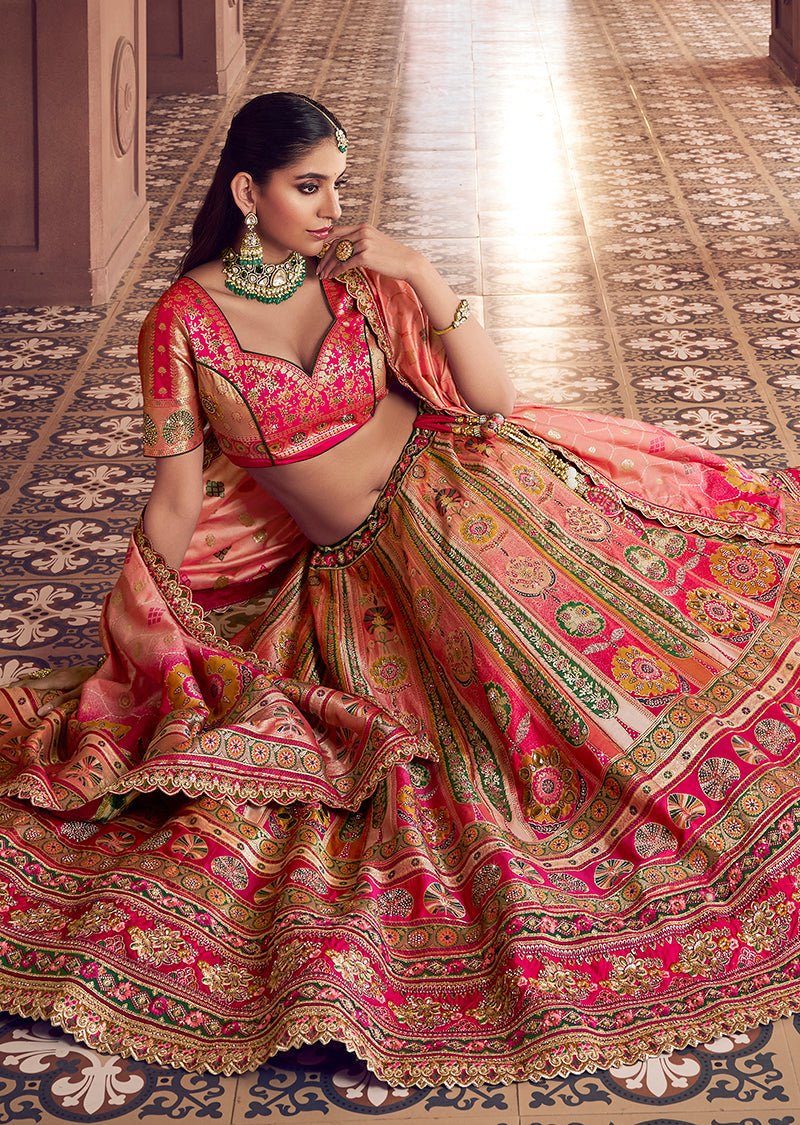 Monjolika Fashion Multi Colour Banarasi Silk Blend Embroidered, Sequins, Swarovski and Weaving Work Lehenga Choli | Grocsy