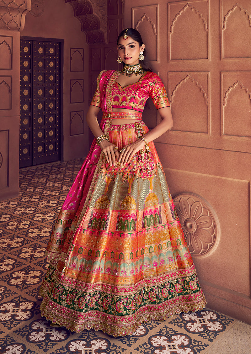Monjolika Fashion Multi Colour Banarasi Silk Blend Embroidered, Sequins, Swarovski and Weaving Work Lehenga Choli | Grocsy