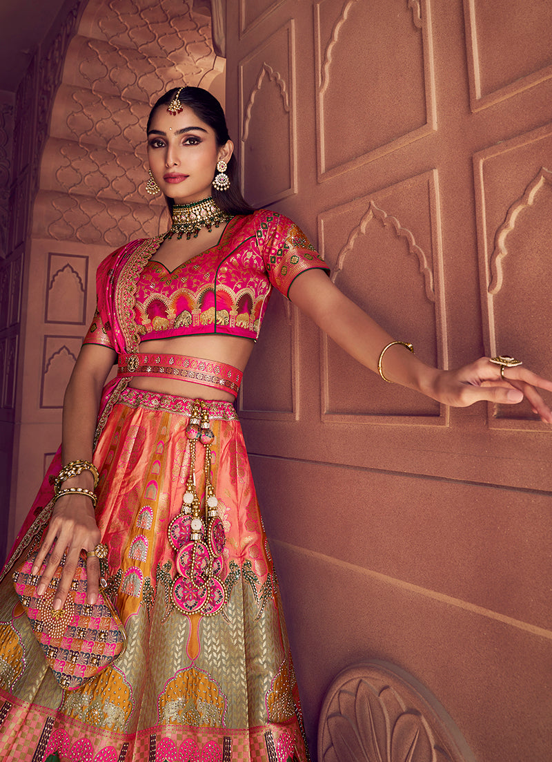 Monjolika Fashion Multi Colour Banarasi Silk Blend Embroidered, Sequins, Swarovski and Weaving Work Lehenga Choli | Grocsy