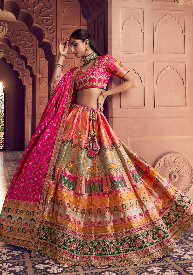 Monjolika Fashion Multi Colour Banarasi Silk Blend Embroidered, Sequins, Swarovski and Weaving Work Lehenga Choli | Grocsy