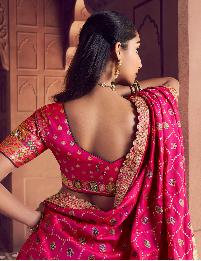 Monjolika Fashion Multi Colour Banarasi Silk Blend Embroidered, Sequins, Swarovski and Weaving Work Lehenga Choli | Grocsy